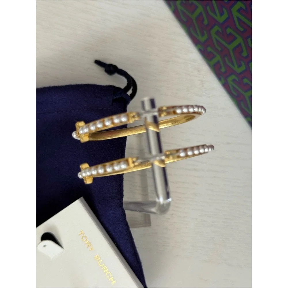 Tory Burch Britten Large T Logo Gold Tone Hoops Hoop Earrings w Imitation Pearls